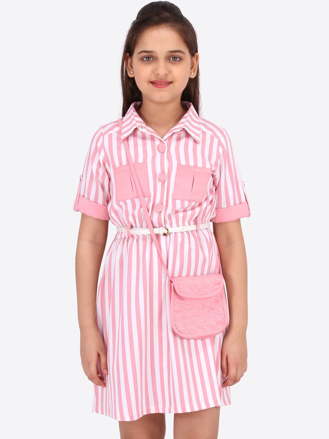 

CUTECUMBER Girls Pink & White Striped A-Line Dress