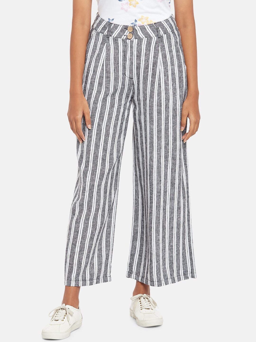 

Honey by Pantaloons Women Grey & White Regular Fit Striped Parallel Trousers