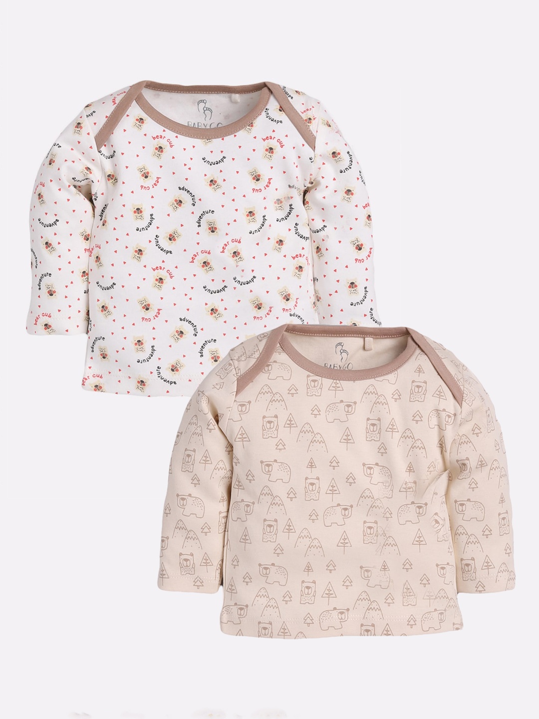 

BABY GO Unisex Kids Pack Of 2 Beige & White Printed Round Neck T-shirts