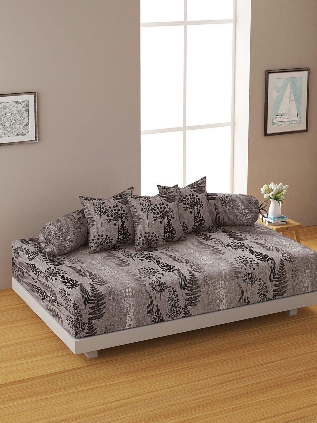 

SWAYAM Set Of 6 Grey & White Floral Printed Cotton Diwan Set
