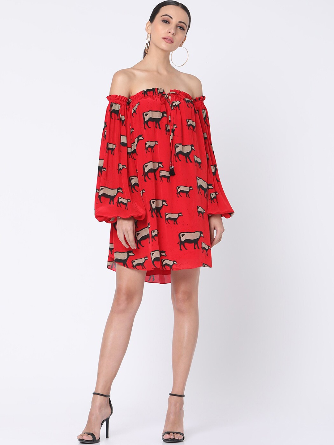 

Masaba Women Coral Orange & Beige Cow Print Off-Shoulder A-Line Dress