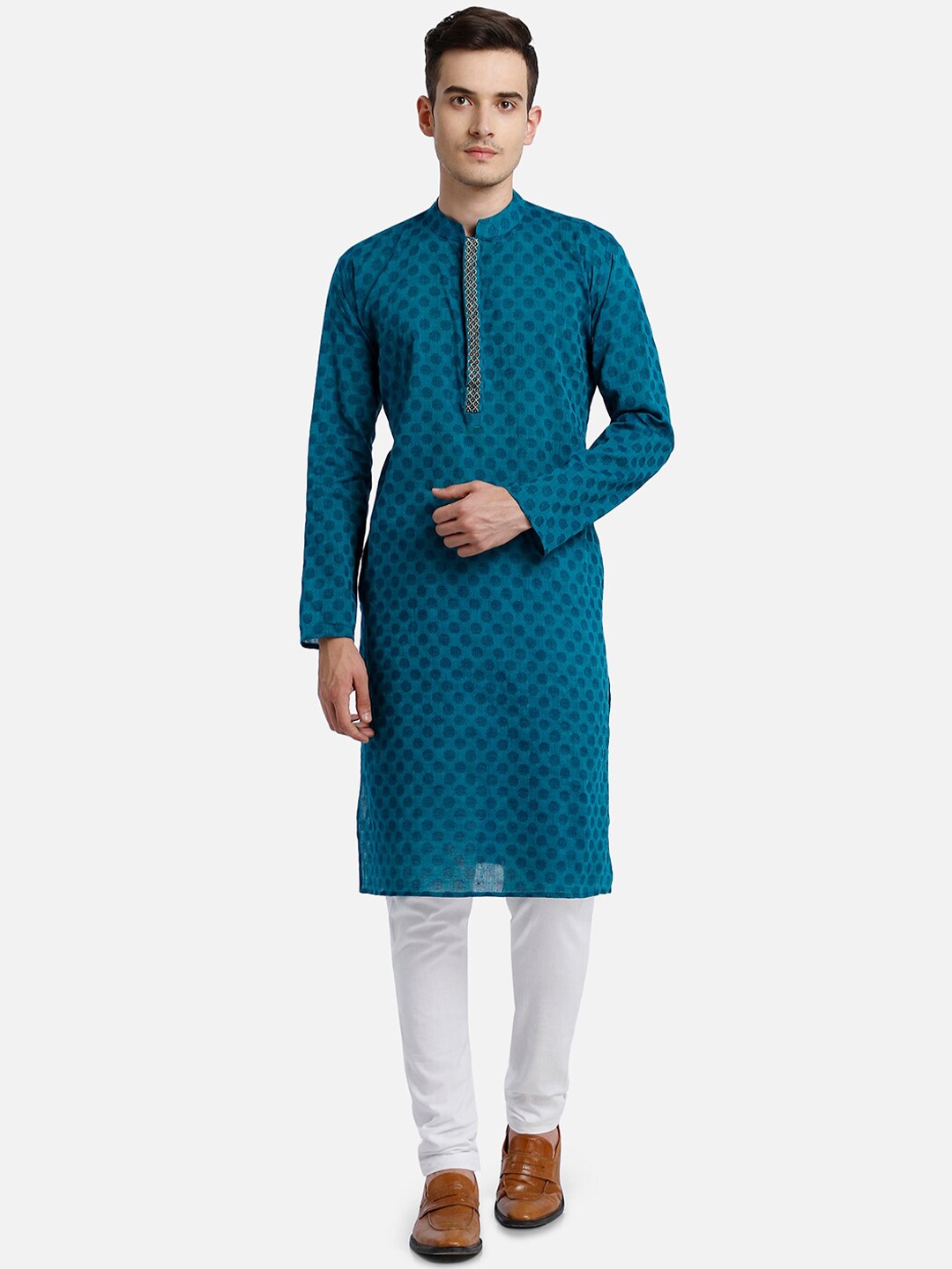 

PAROKSH Men Teal Blue Woven Design Cotton Thread Work Handloom Kurta