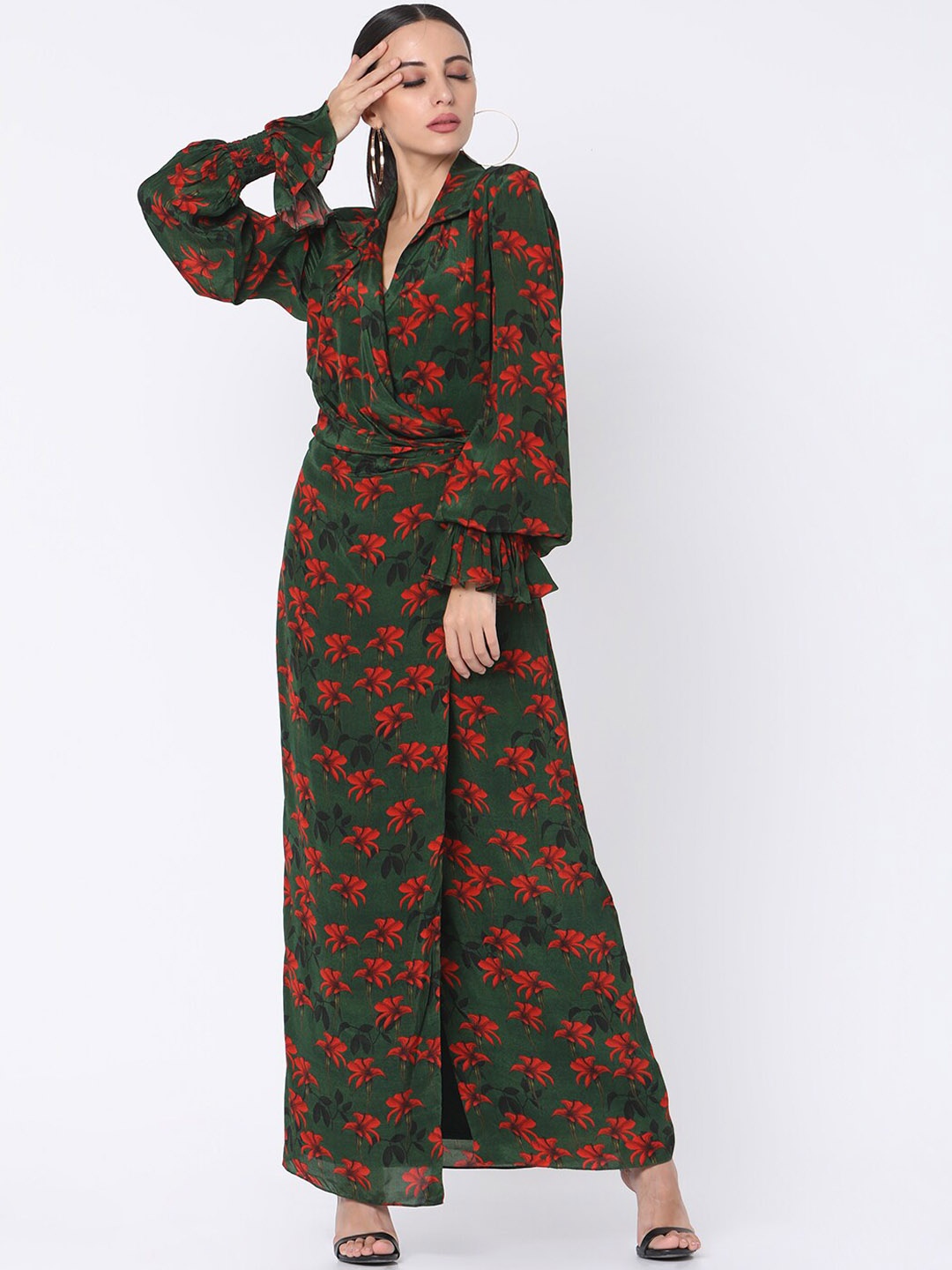 

Masaba Women Olive Green & Orange Floral Print Wrap Dress