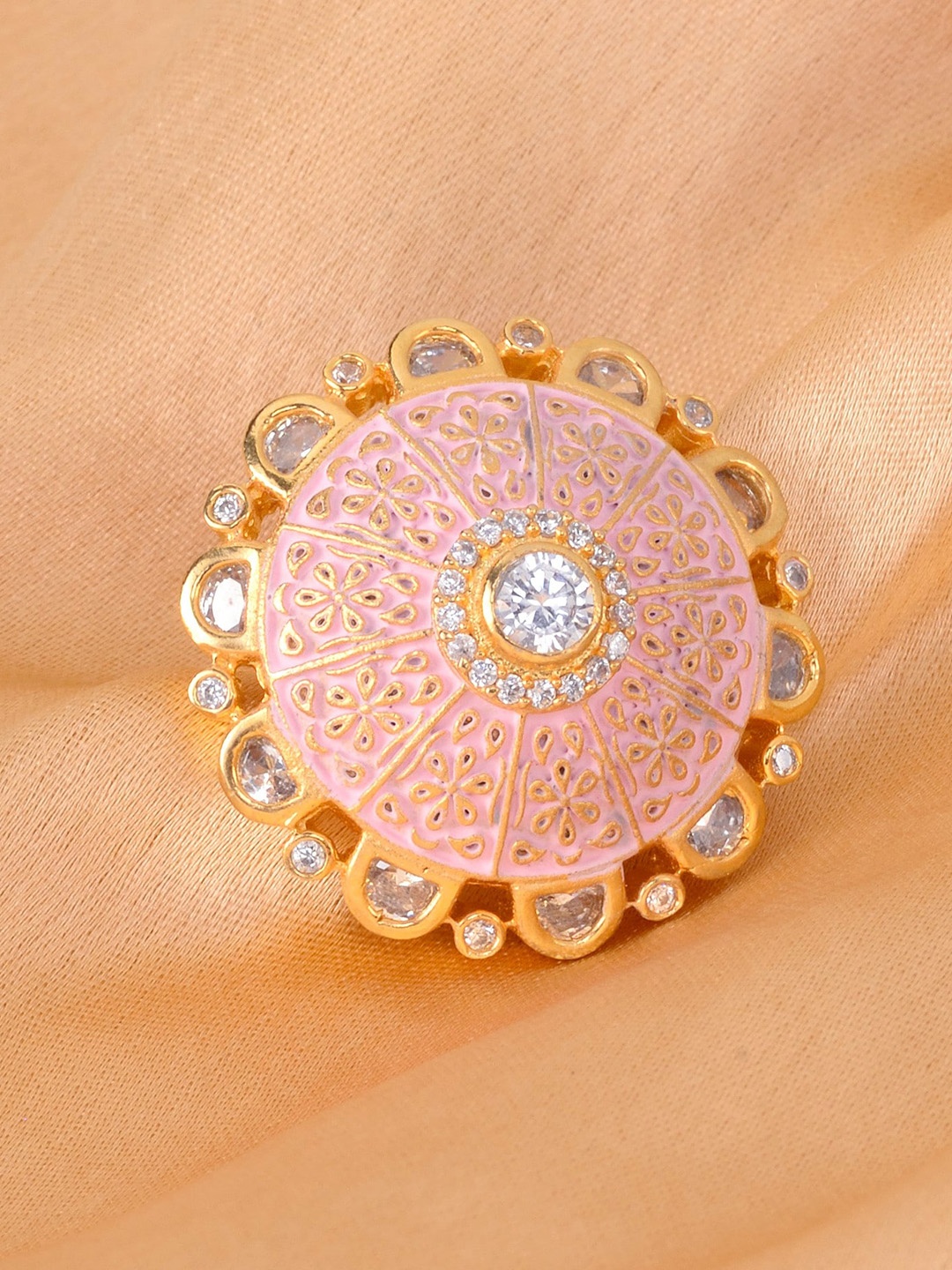 

Saraf RS Jewellery Gold-Plated Pink & White CZ-Studded & Enamelled Handcrafted Adjustable Finger Ring