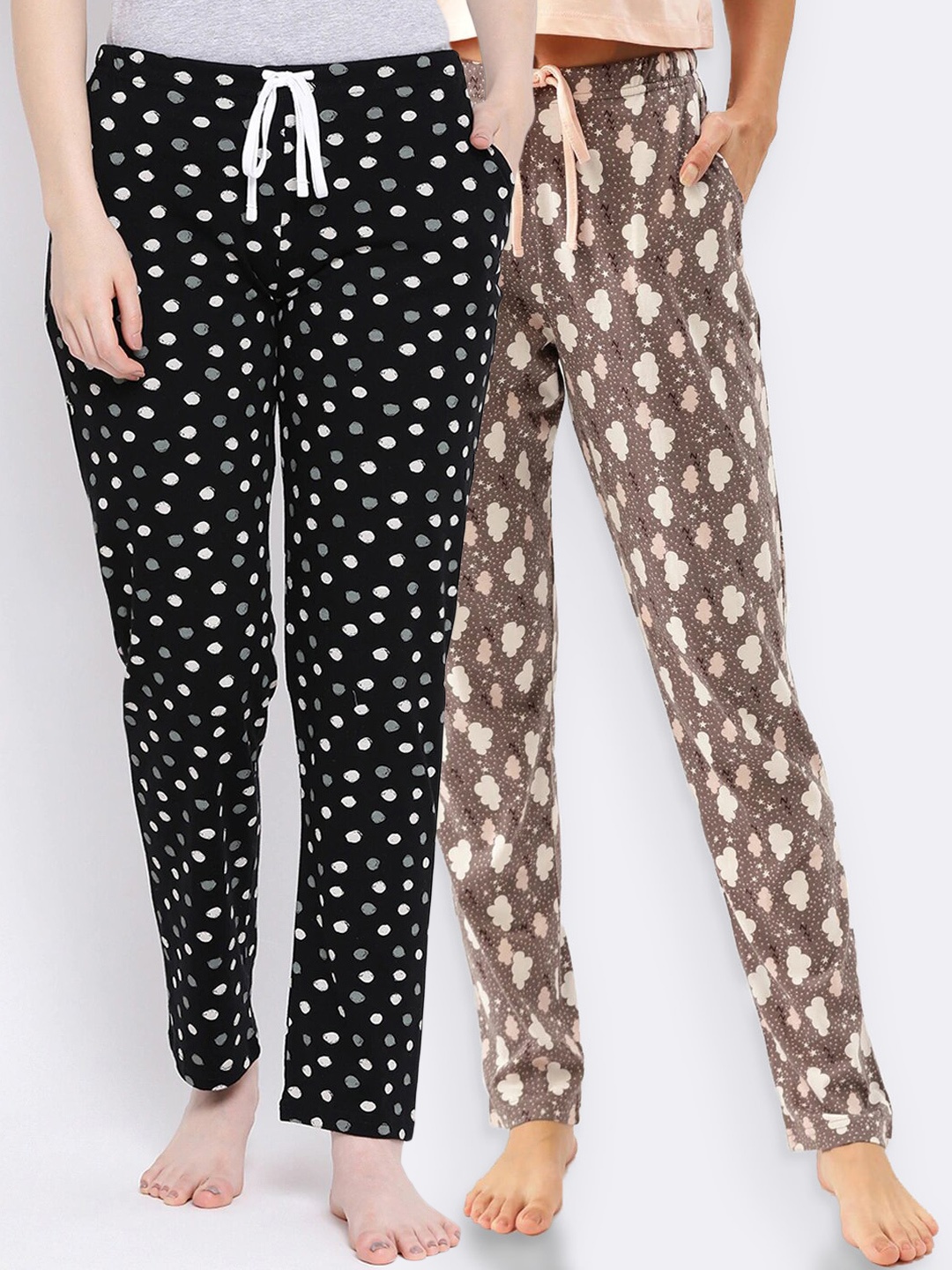 

Kanvin Women Pack of 2 Printed Pure Cotton Lounge Pants, Brown