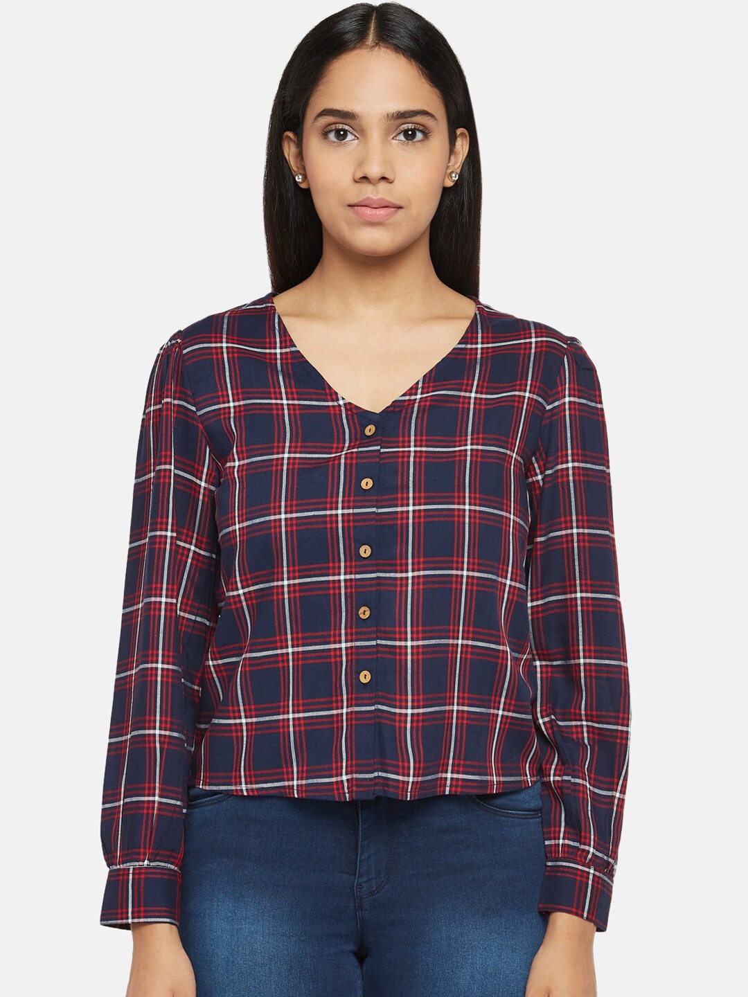 

People Navy Blue & Red Checked Shirt Style Top