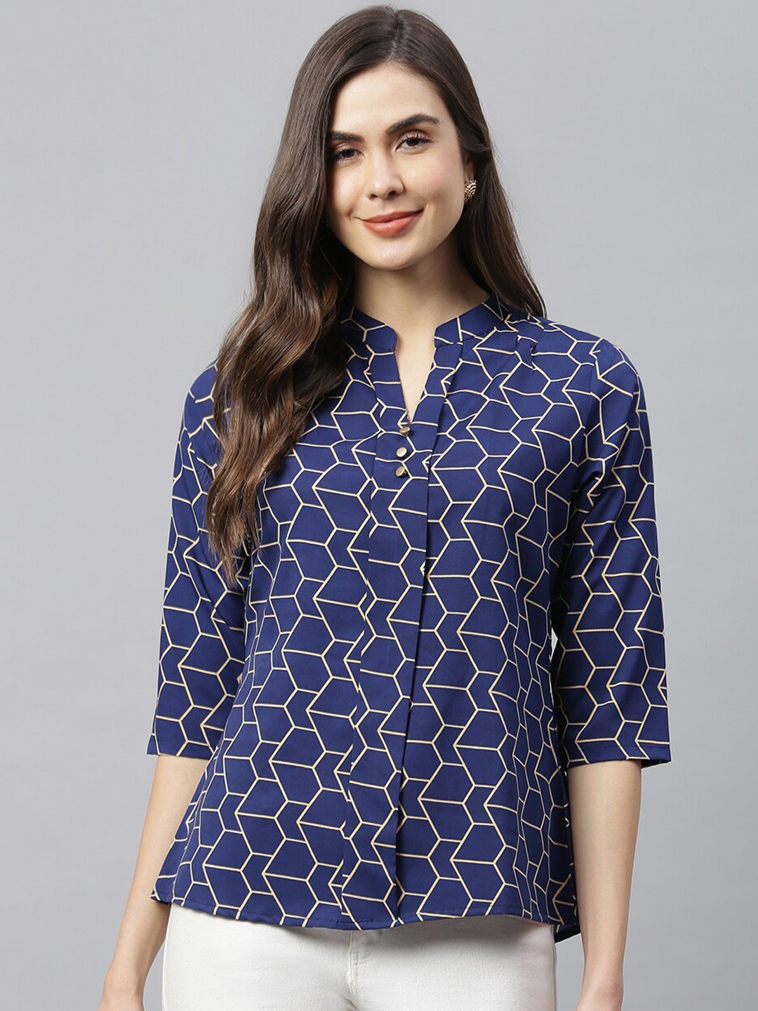 

HK colours of fashion Navy Blue & Cream-Coloured Geometric Print Mandarin Collar Top