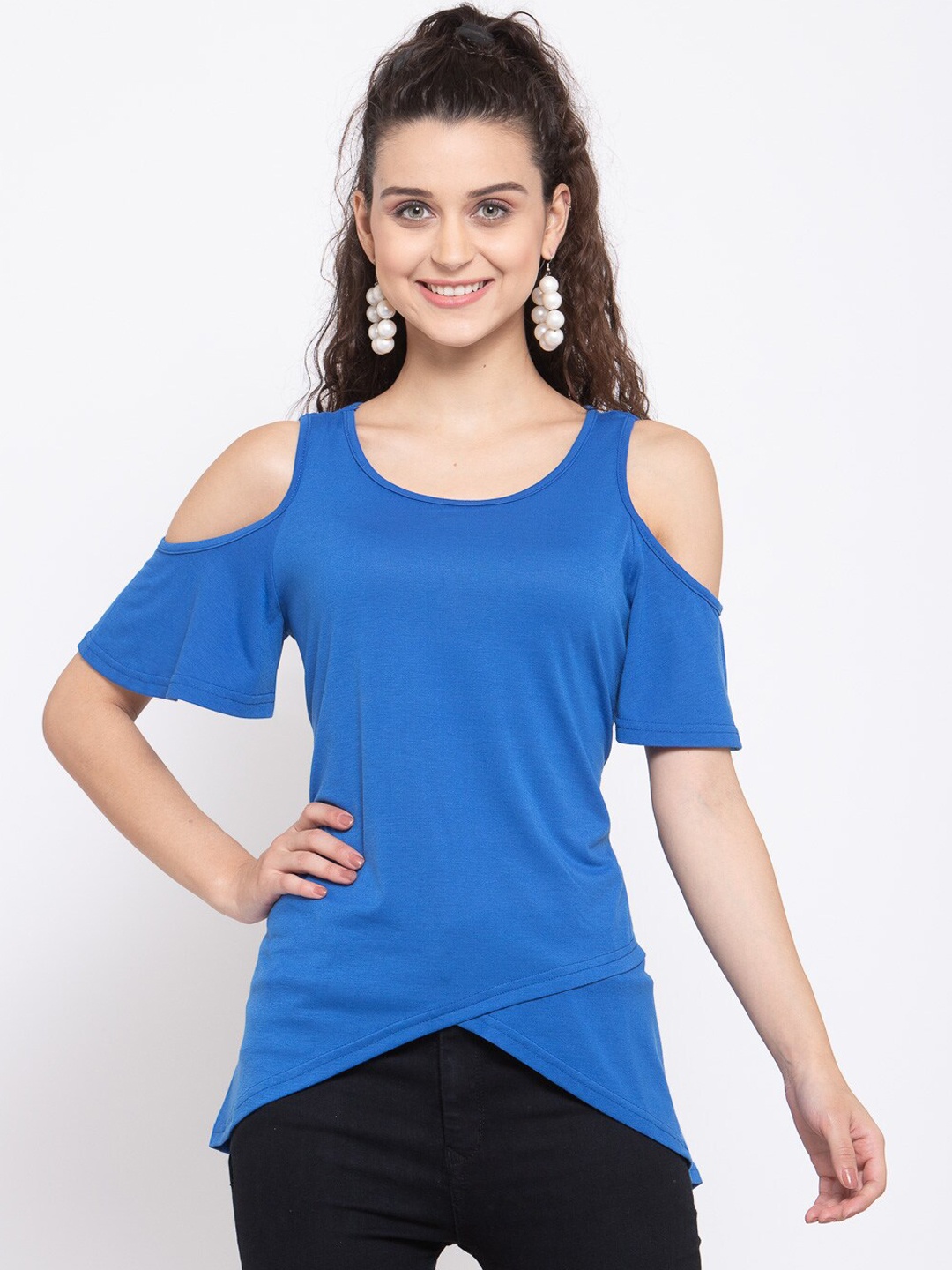 

iki chic Blue Solid Cold-Shoulder Sleeves Layered Regular Top