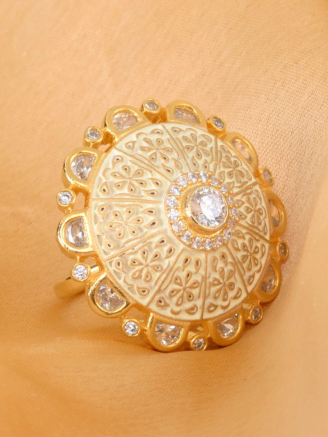

Saraf RS Jewellery Gold-Plated White AD & CZ-Studded Handcrafted Adjustable Finger Ring