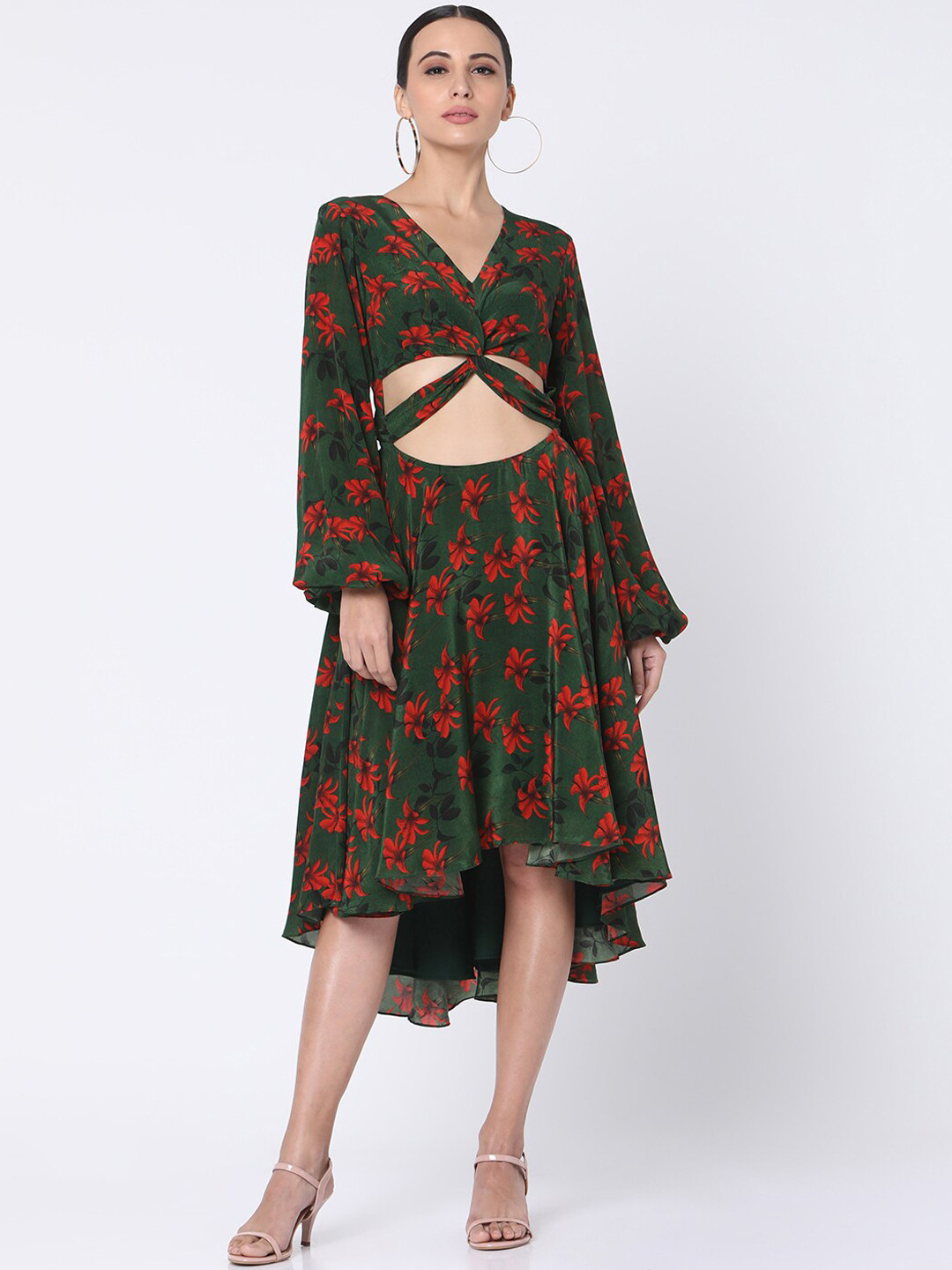 

Masaba Women Olive Green & Orange Floral Print Cut-Out A-Line Dress