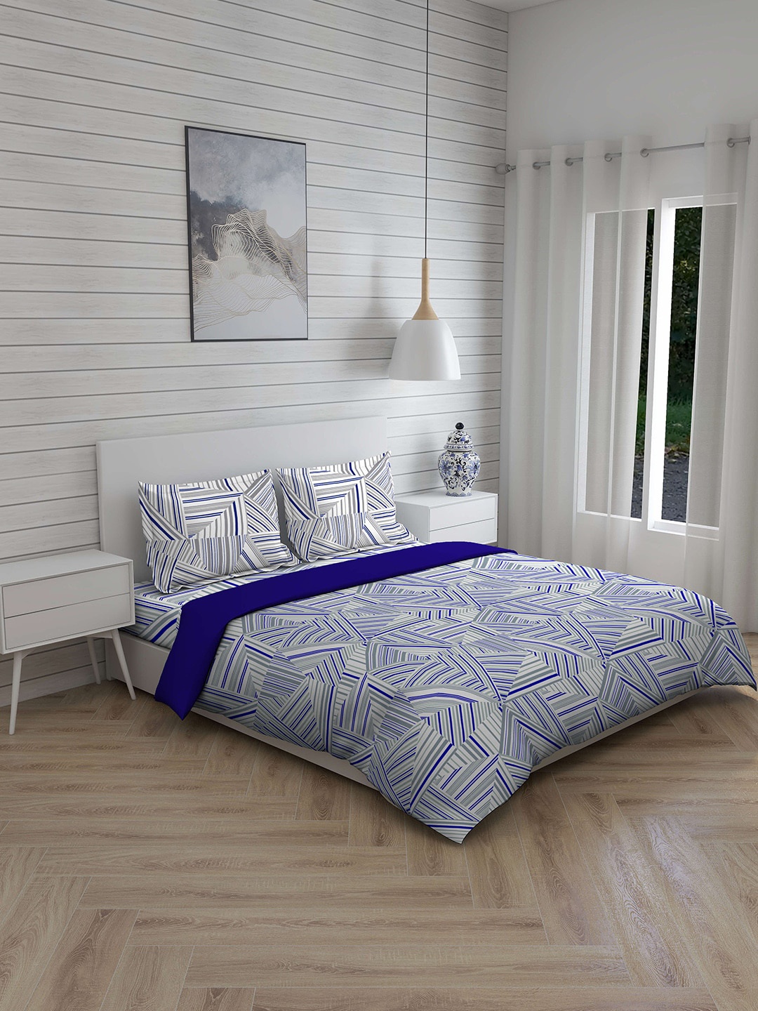 

Boutique Living India Navy Blue & White Geometric 220 TC Double King Bedding Set