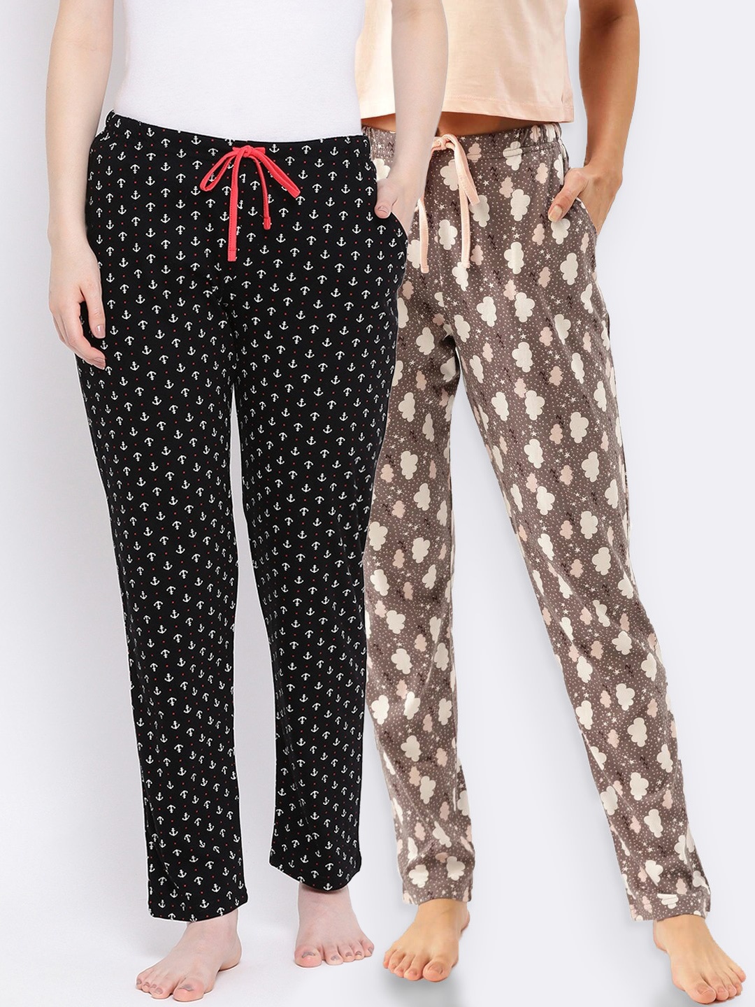 

Kanvin Women Pack of 2 Printed Pure Cotton Lounge Pants, Brown
