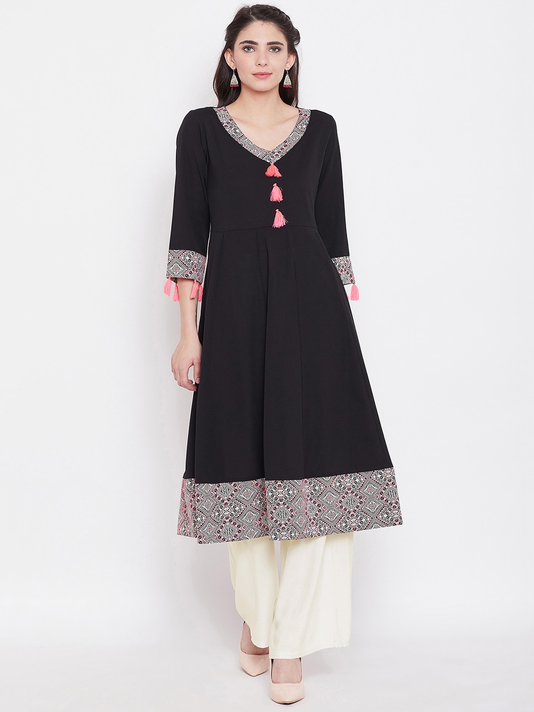 

One of a Kind Women Black Crepe Anarkali Kurta With Printed Border