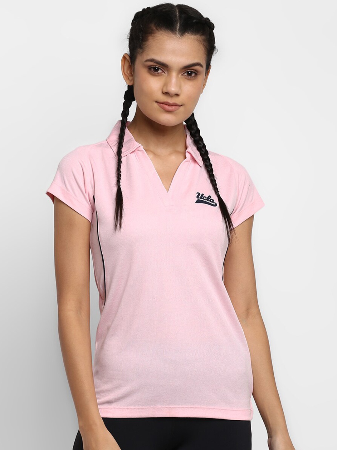 

UCLA Women Pink Solid Slim Fit Polo Collar T-shirt with Brand Logo Print Detail