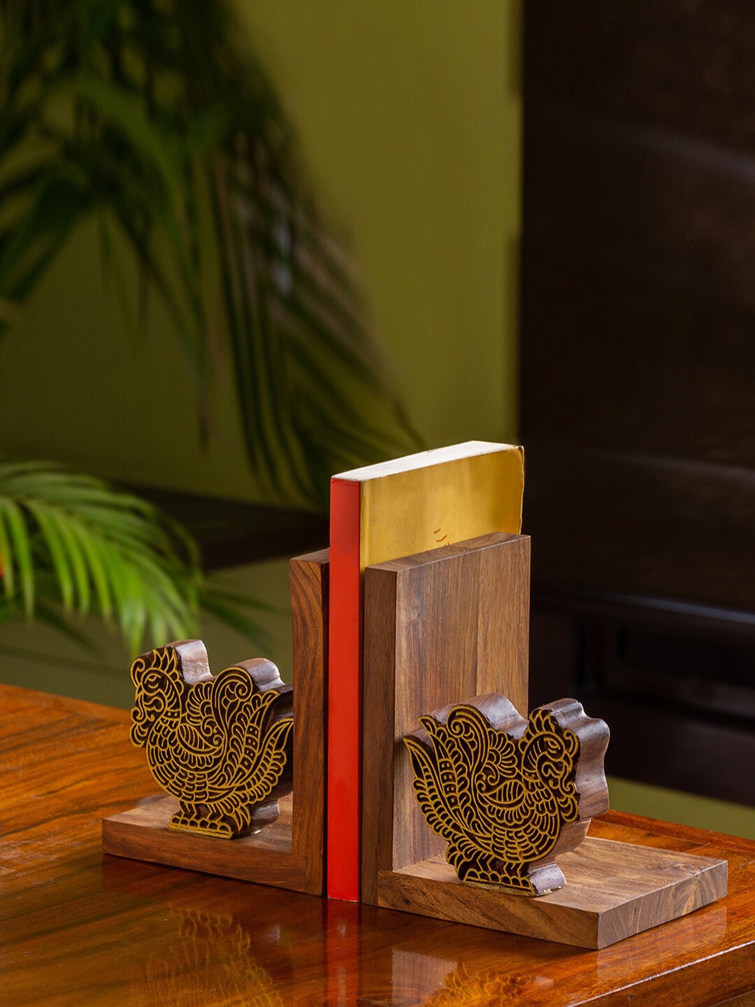 

ExclusiveLane Set Of 2 Brown Solid Hand Carved Sheesham Wooden Book End Organisers