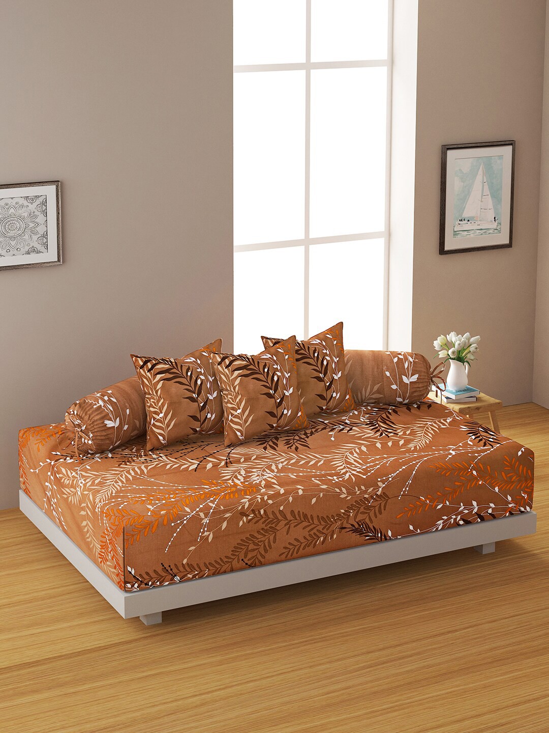 

SWAYAM Set Of 6 Brown & Beige Printed Pure Cotton Diwan Set