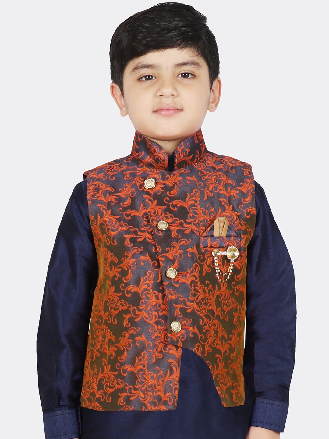 

SG YUVRAJ Boys Black & Orange Ethnic Motifs Brocade Woven Design Nehru Jacket