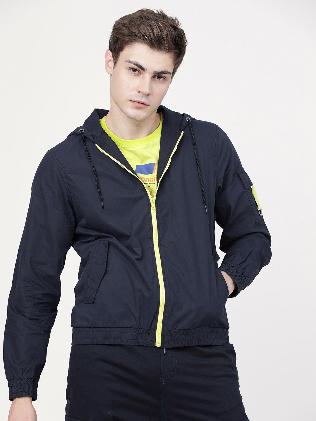 

LOCOMOTIVE Men Navy Blue Solid Hooded Tailored Cotton Jacket