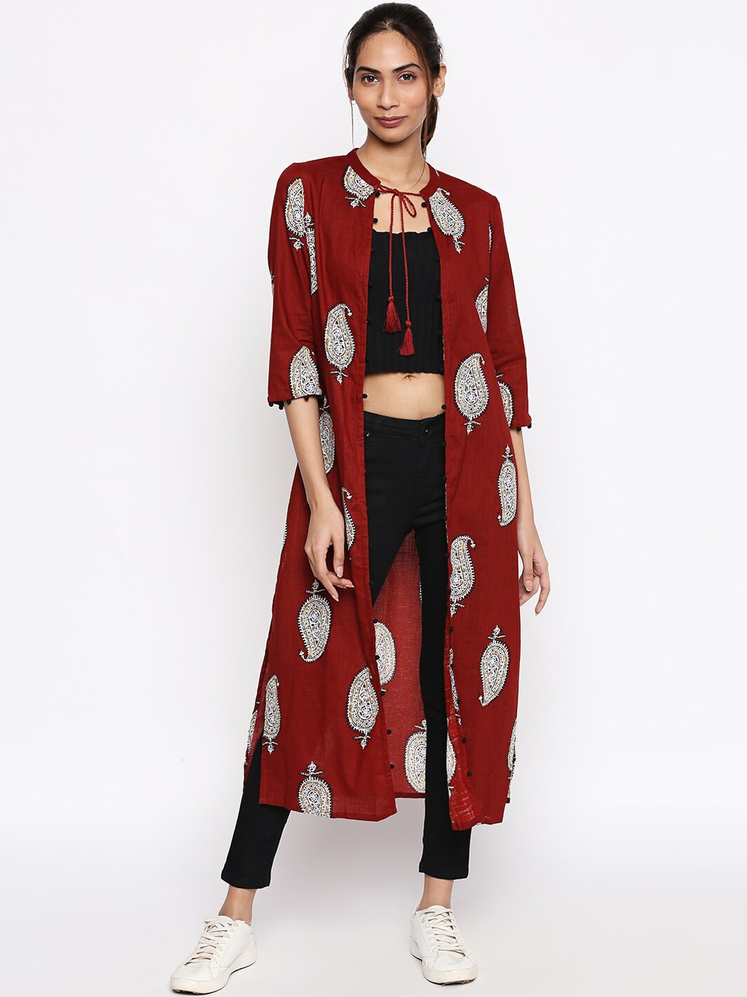

People Women Maroon & White Printed Pure Cotton Open Front Shrug