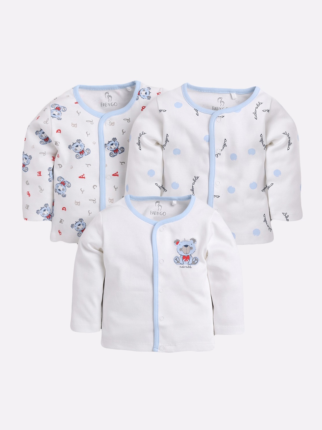 BABY GO Infants White & Blue Pack of 3 Printed Cotton Jhablas