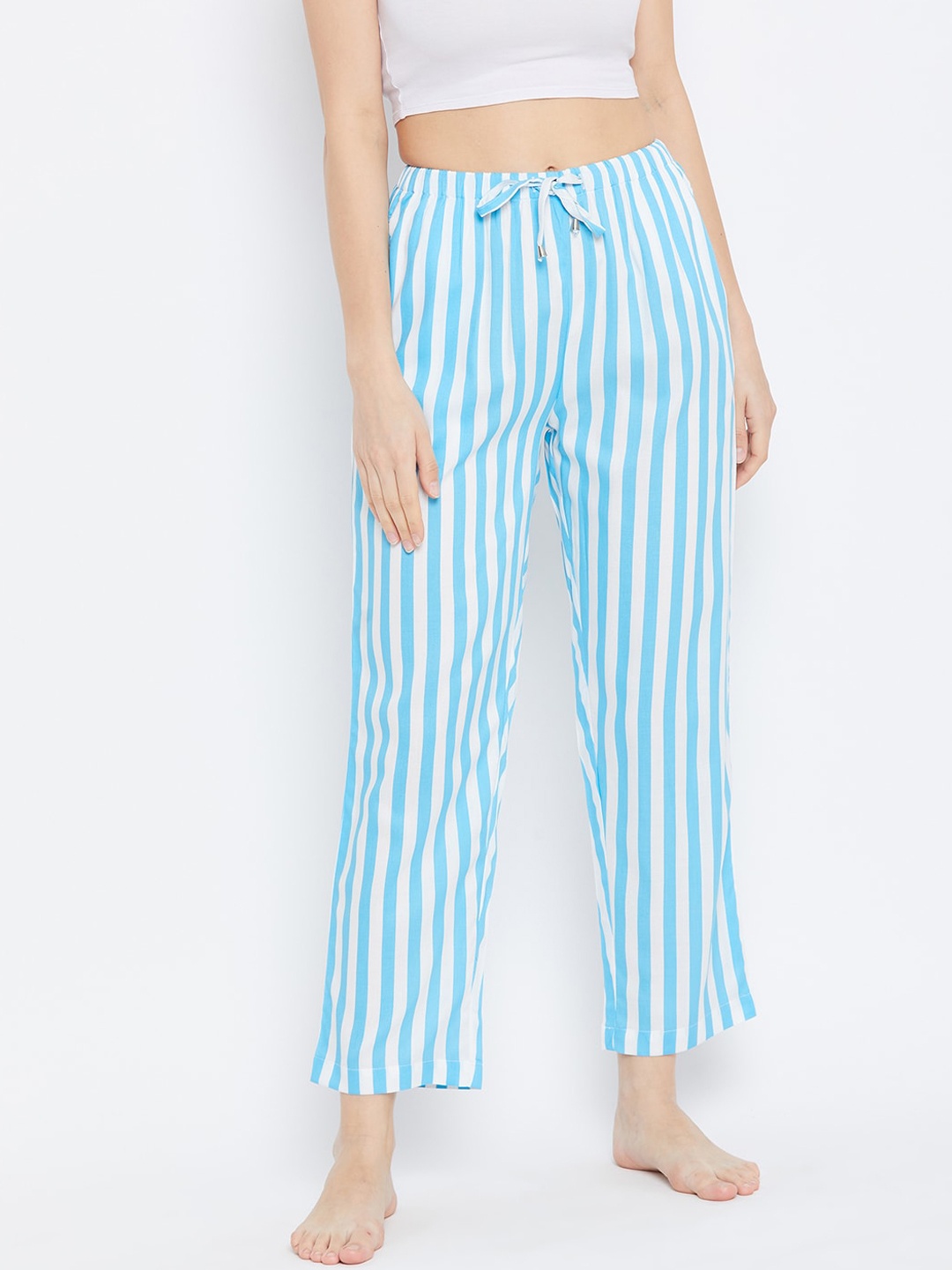 

Hypernation Women Turquoise Blue & White Striped Lounge Pants