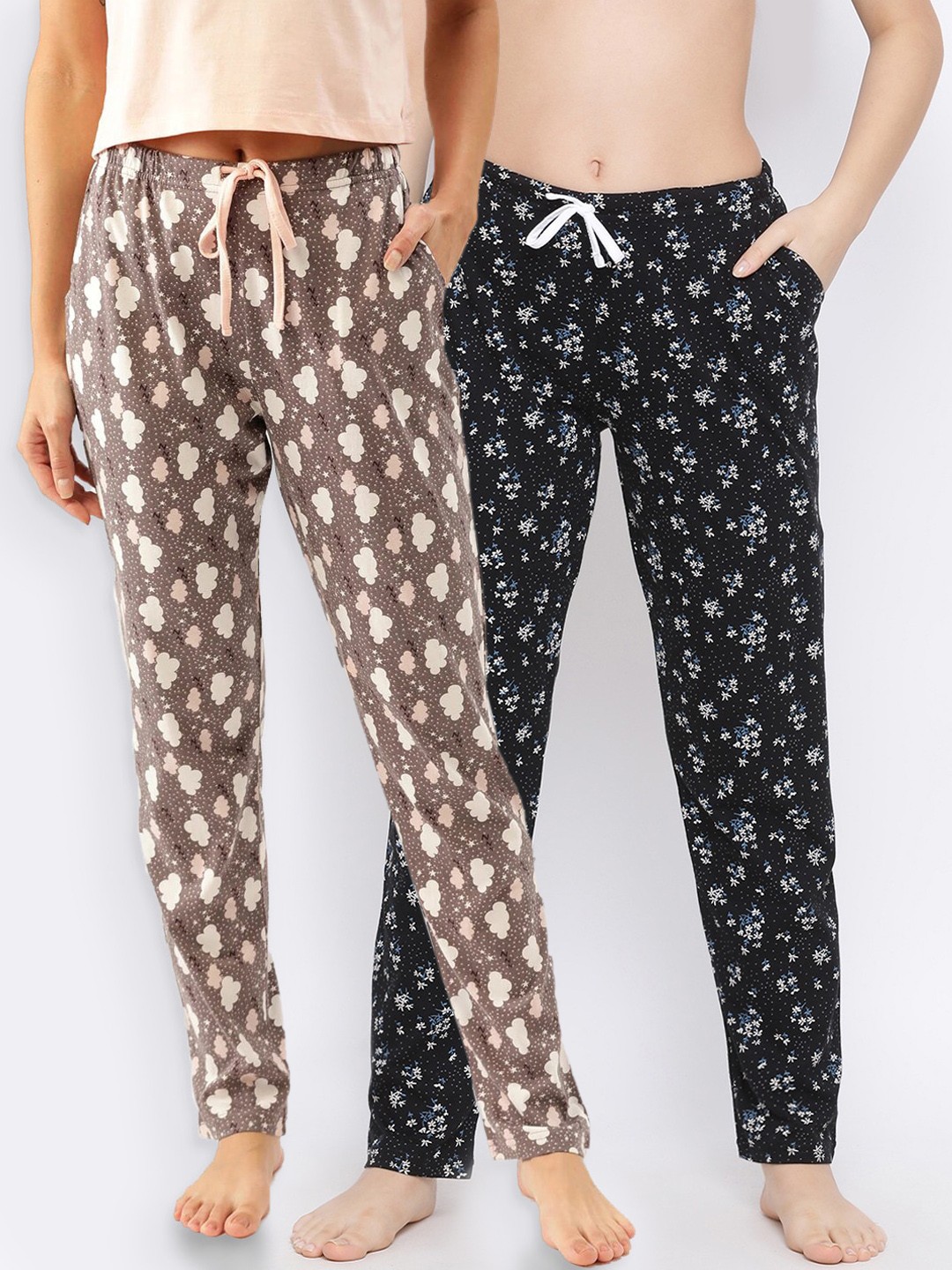 

Kanvin Women Pack of 2 Printed Pure Cotton Lounge Pants, Brown