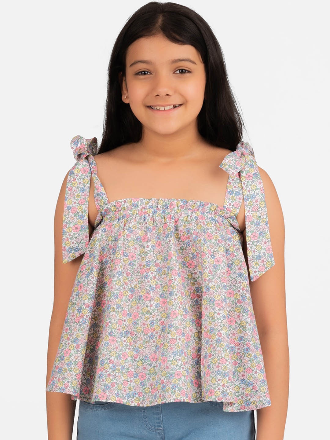 

KIDKLO Girls Multicoloured Floral Printed Pure Cotton A-Line Top, Multi