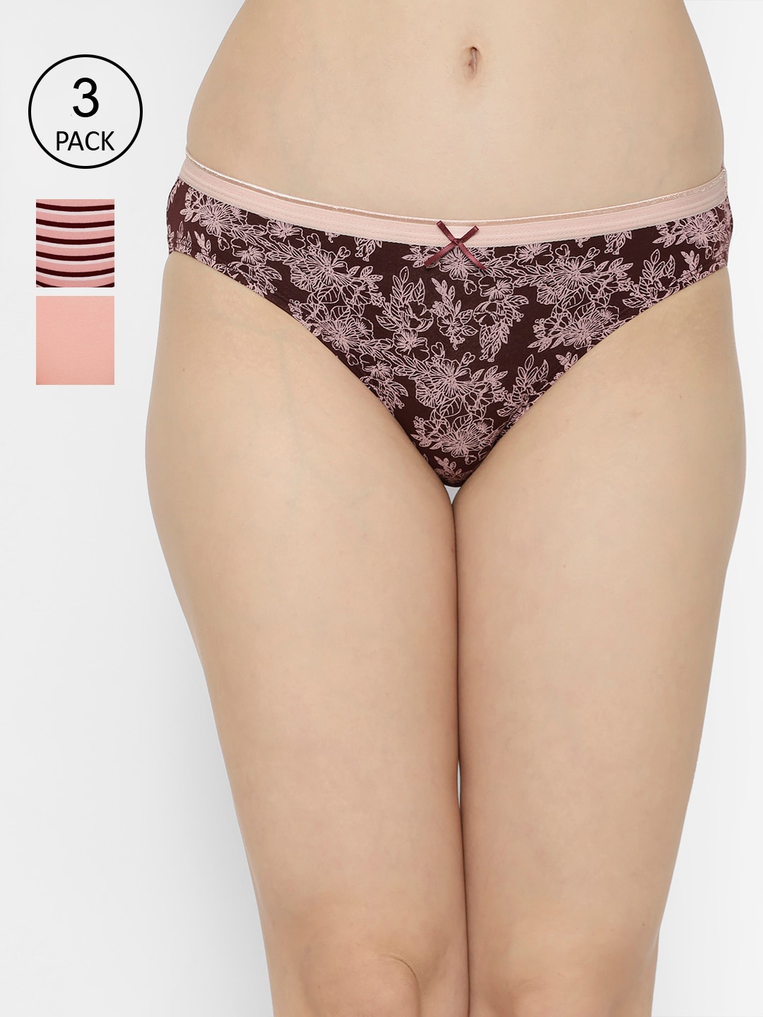 

Soie Women Pack Of 3 Mid Rise Medium Coverage Solid and Printed Cotton Stretch Briefs, Pink