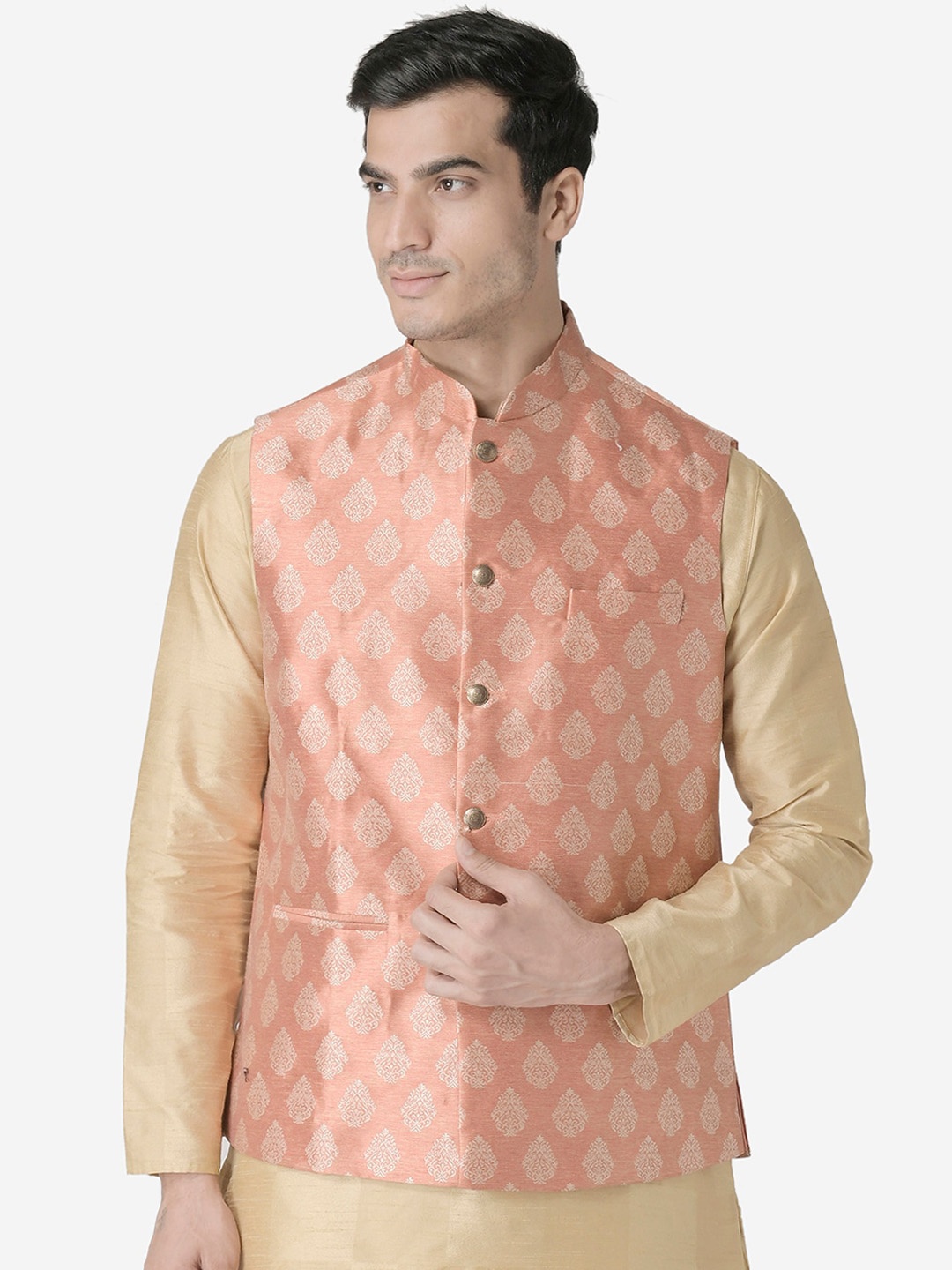 

TABARD Men Pink & Gold-Colored Printed Woven Nehru Jacket
