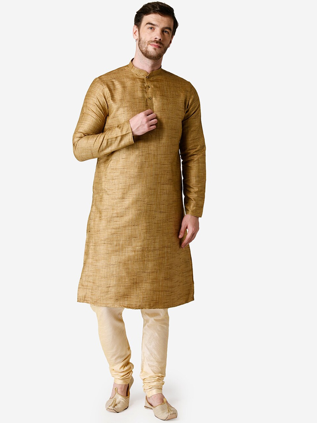 

TABARD Men Mustard Brown & Beige Solid Silk blend Kurta with Churidar