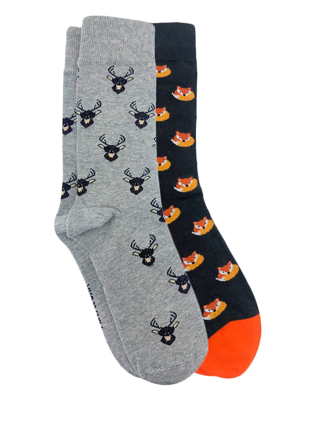 

Mint & Oak Men Pack Of 2 Animal Patterned Calf-Length Socks, Grey