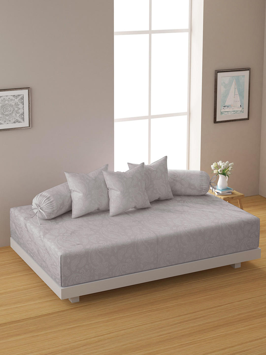 

SWAYAM Set of 6 Grey & White Ethnic Motifs Printed Bedsheet With Bolster & Cushion Covers