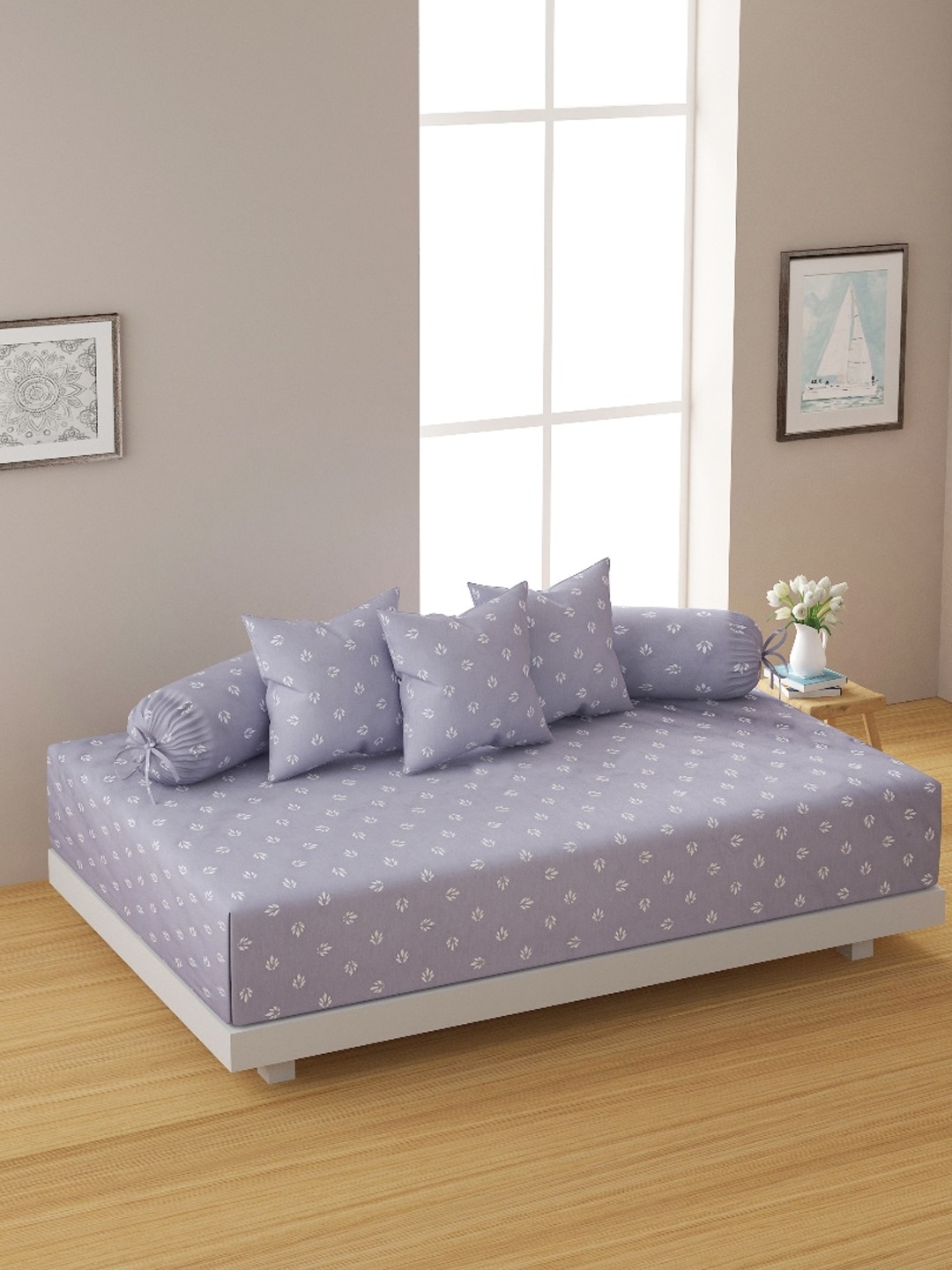 SWAYAM Set Of 6 Grey & White Printed Pure Cotton Diwan Set