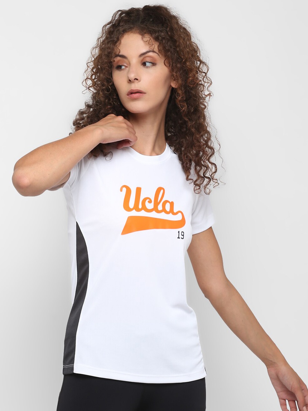 

UCLA Women White & Orange Brand Logo Print Slim Fit T-shirt
