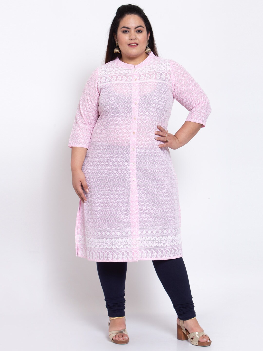 

plusS Women Pink Ethnic Motifs Embroidered Chikankari Kurta