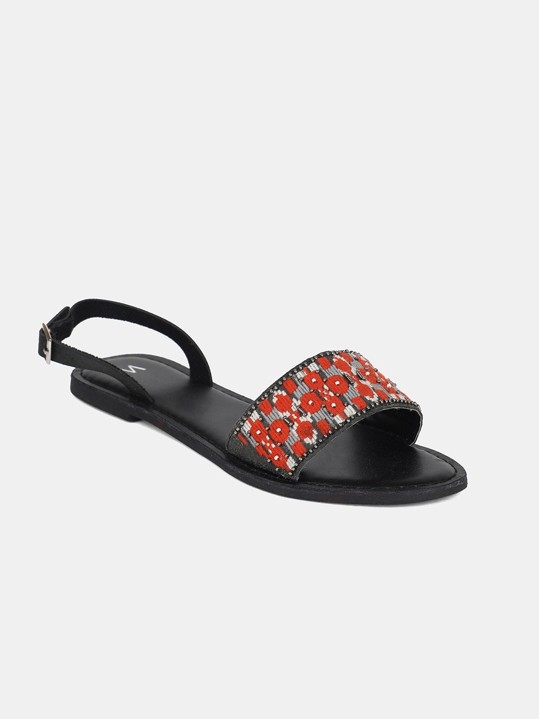 

W Women Black Embellished Fabric Open Toe Flats