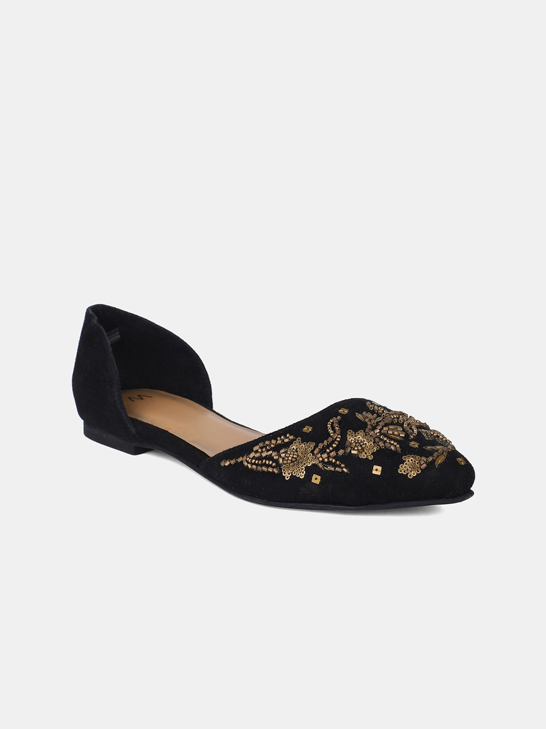 

W The Folksong Collection Women Black Embellished Suede Ballerinas