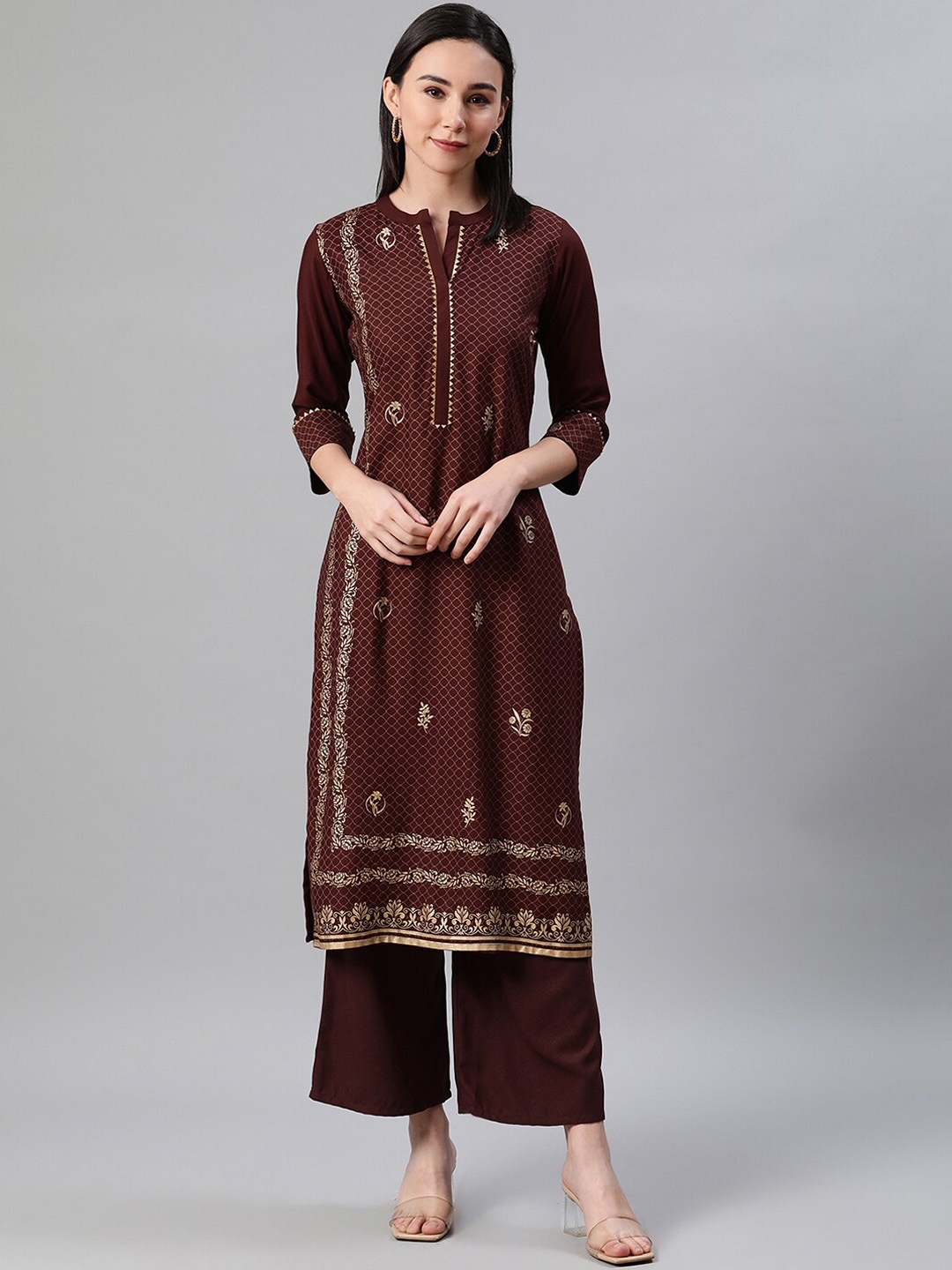 

ZIYAA Women Brown & Golden Geometric Foil Print Kurta