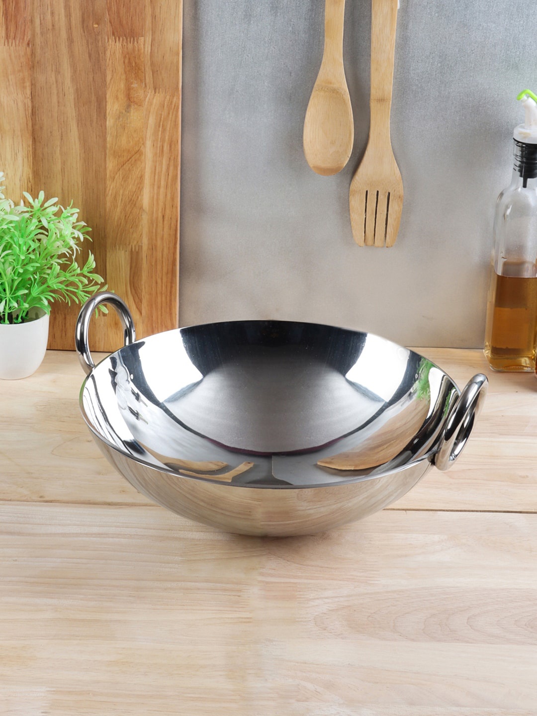 

INCRIZMA Silver-Toned Solid Stainless Steel Heavy Quality Round Bottom Deep Kadhai
