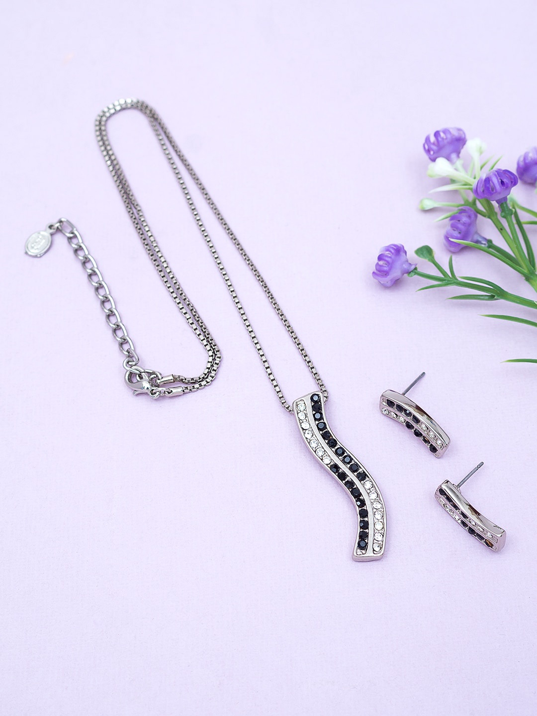 

Golden Peacock Silver-Plated Black & White CZ-Studded Jewellery Set