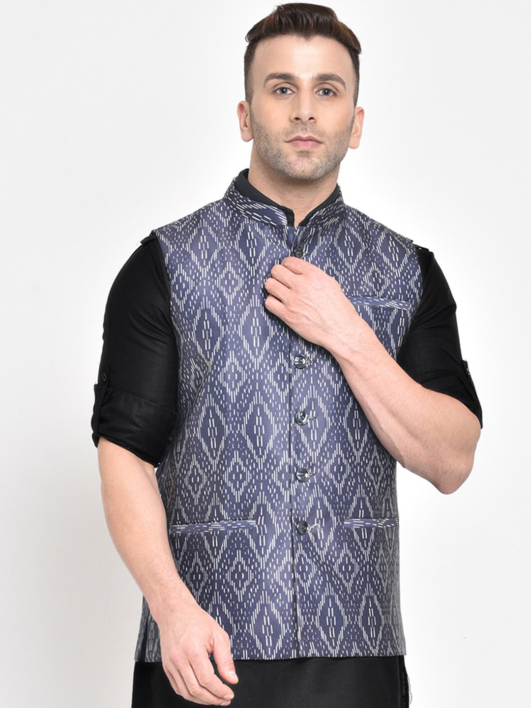 

Hangup Men Navy Blue & White Printed Woven Nehru Jacket