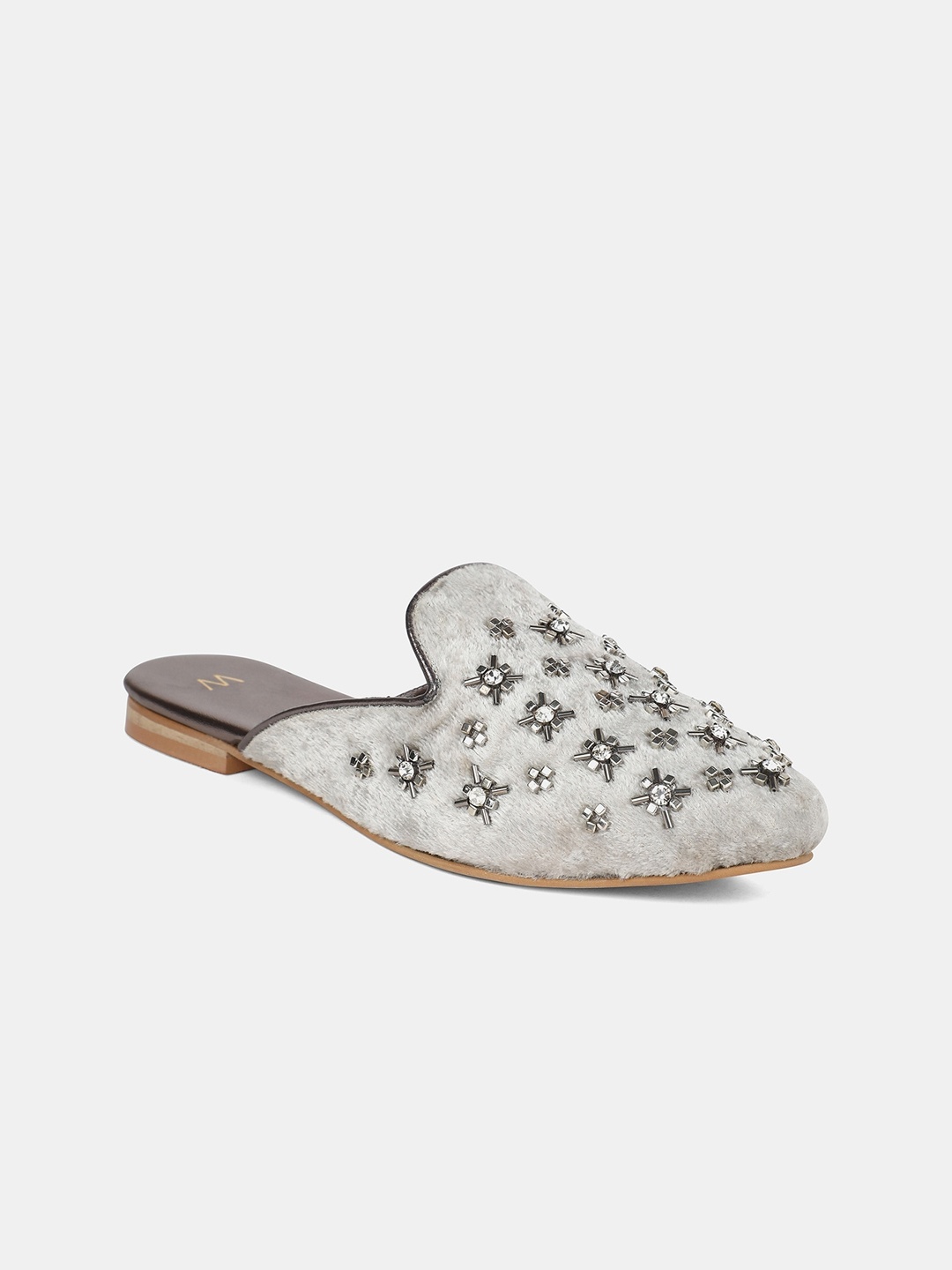 

W The Folksong Collection Women Grey Embellished Velvet Mules