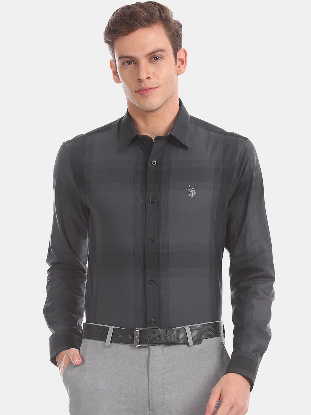 

U.S. Polo Assn. Men Charcoal Grey & Black Slim Fit Pure Cotton Checked Formal Shirt