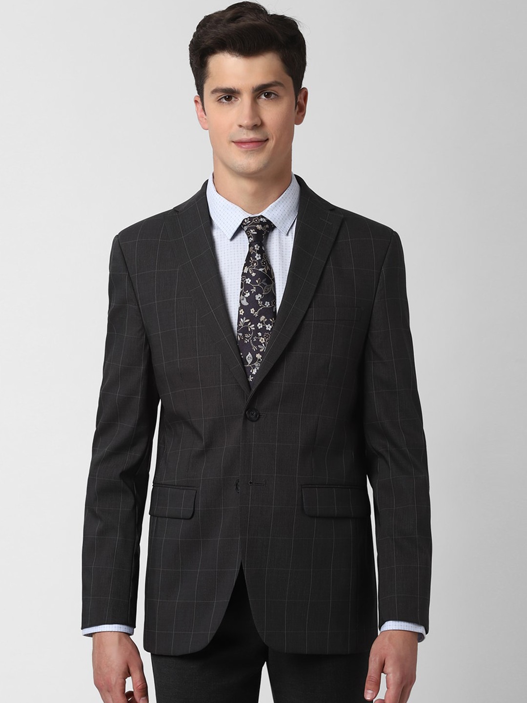 

Peter England Elite Men Charcoal Grey Checked Slim-Fit Single-Breasted Formal Blazer