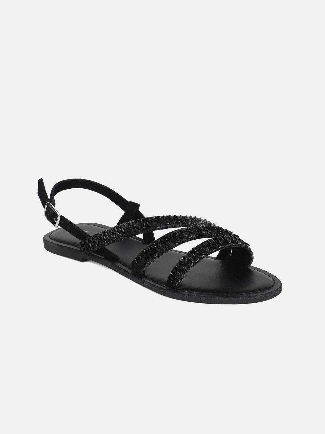 

W Women Black Textured Suede Open Toe Flats