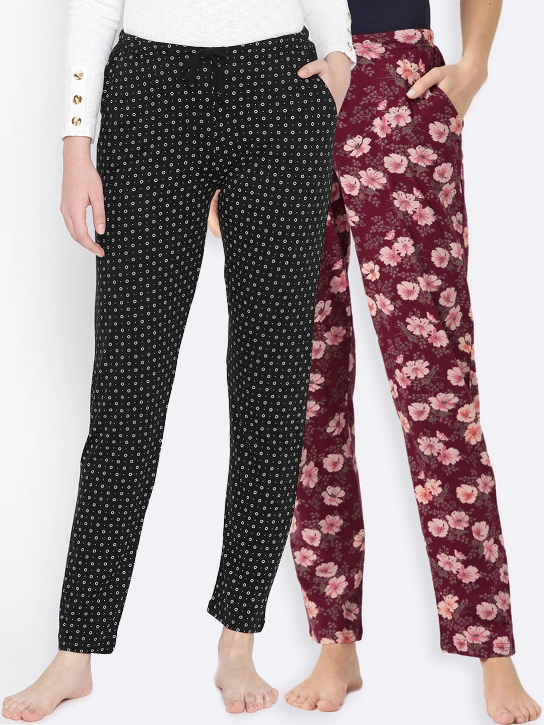 

Kanvin Women Pack of 2 Printed Pure Cotton Lounge Pants, Maroon
