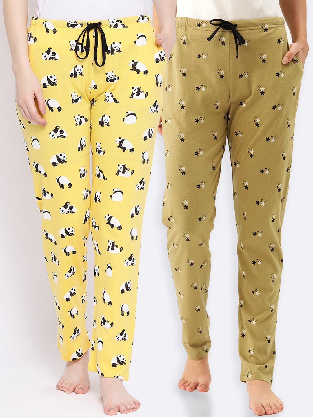 

Kanvin Women Pack of 2 Printed Pure Cotton Lounge Pants, Yellow