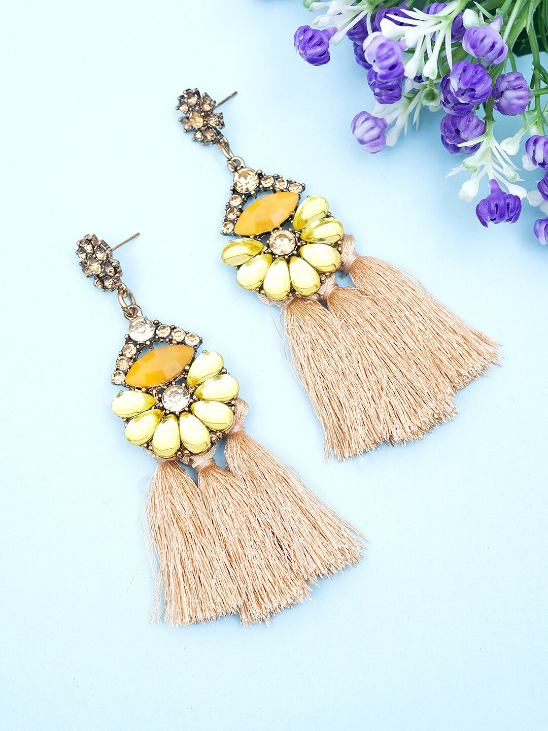

Golden Peacock Beige & Yellow Stone-Studded Tasselled Contemporary Drop Earrings