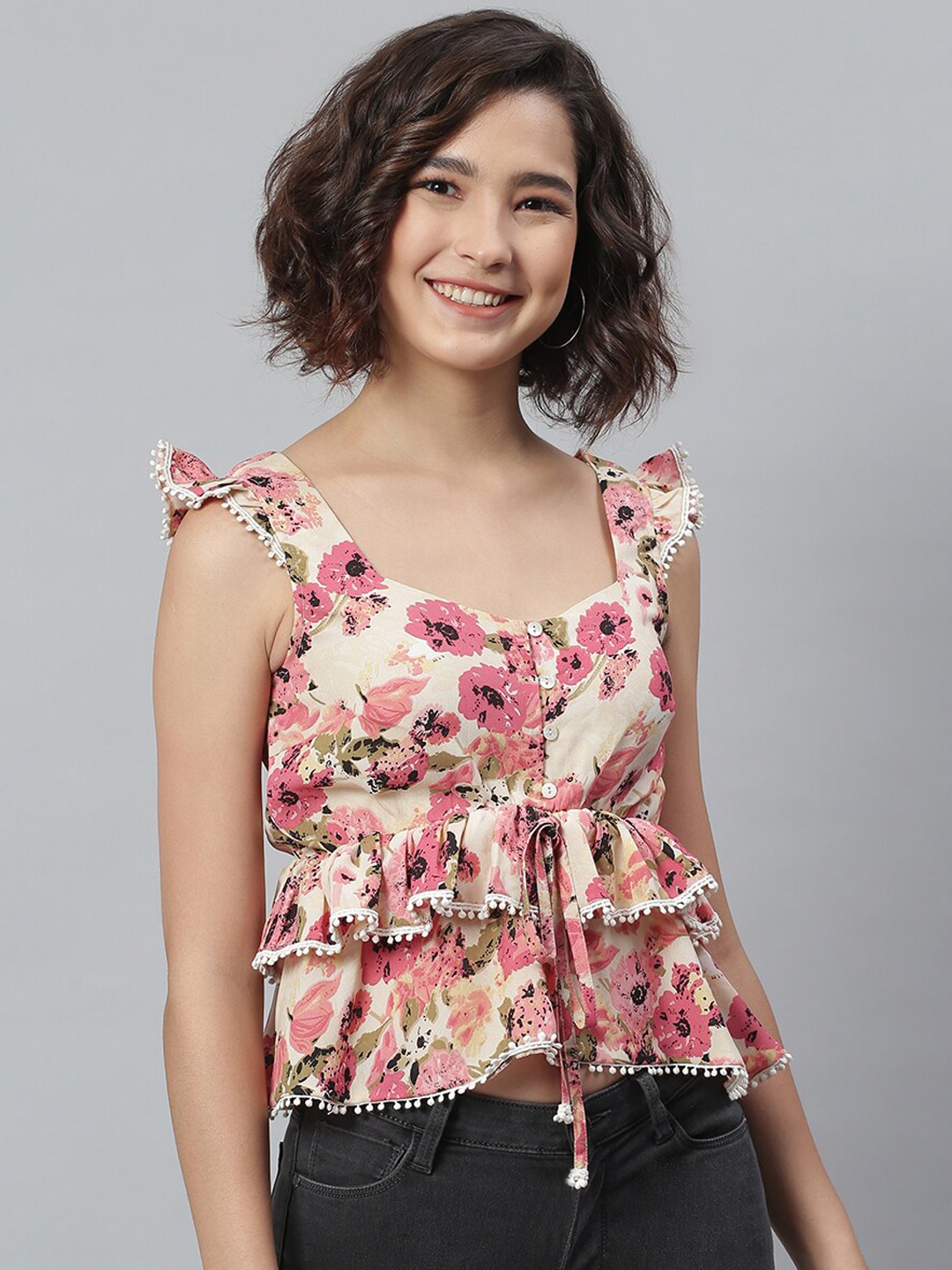 

KASSUALLY Cream-Coloured Floral Georgette Cinched Waist Top