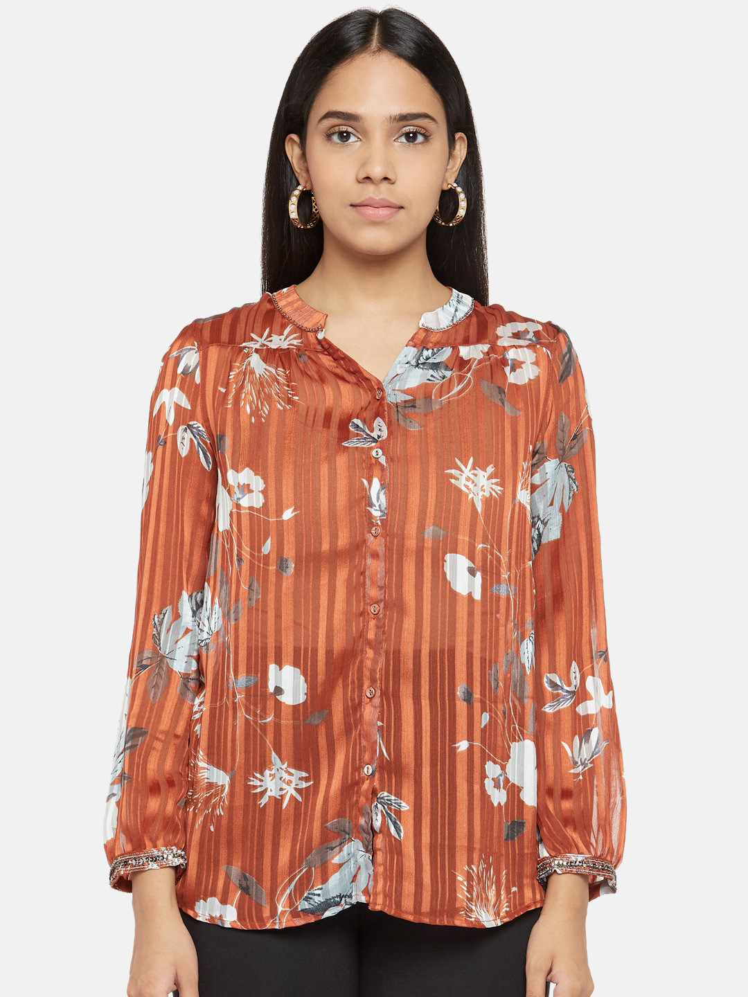 

Forever Glam by Pantaloons Rust Brown & Grey Floral Print Puff Sleeves Shirt Style Top